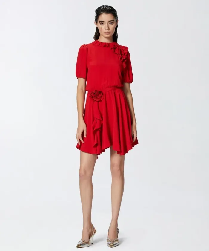 Women Dresses Pinko Silkblend Mini Dress With Rose And Ruffles Salsa Red Women Dresses Pinko Silkblend Mini Dress With Rose And Ruffles Salsa Red