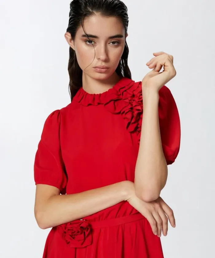 Women Dresses Pinko Silkblend Mini Dress With Rose And Ruffles Salsa Red Women Dresses Pinko Silkblend Mini Dress With Rose And Ruffles Salsa Red