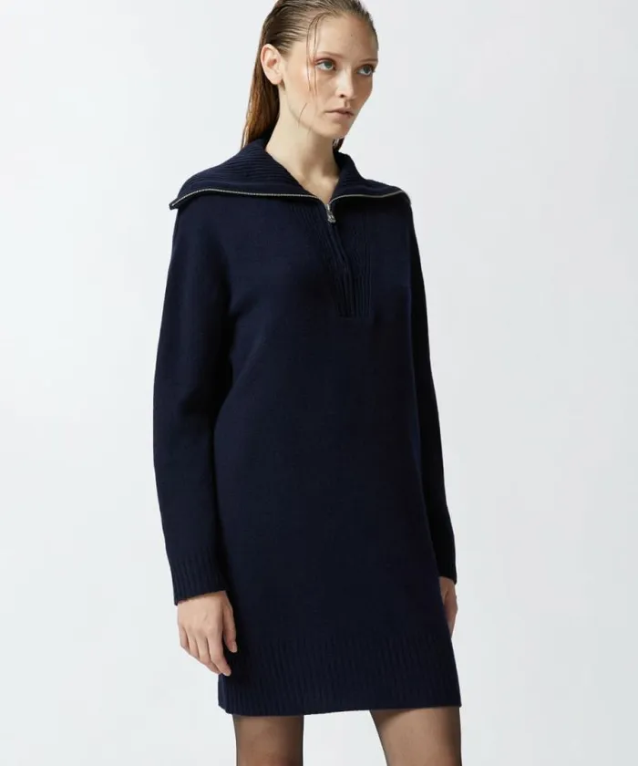 Women Dresses Pinko Wool And Cashmere High Neck Mini Dress Dark Navy Blue