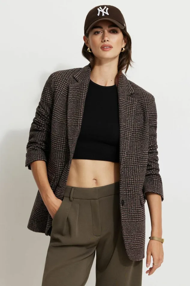 Women Dynamite Blazers and Vests Diana Plaid Oversized Blazer BLACK