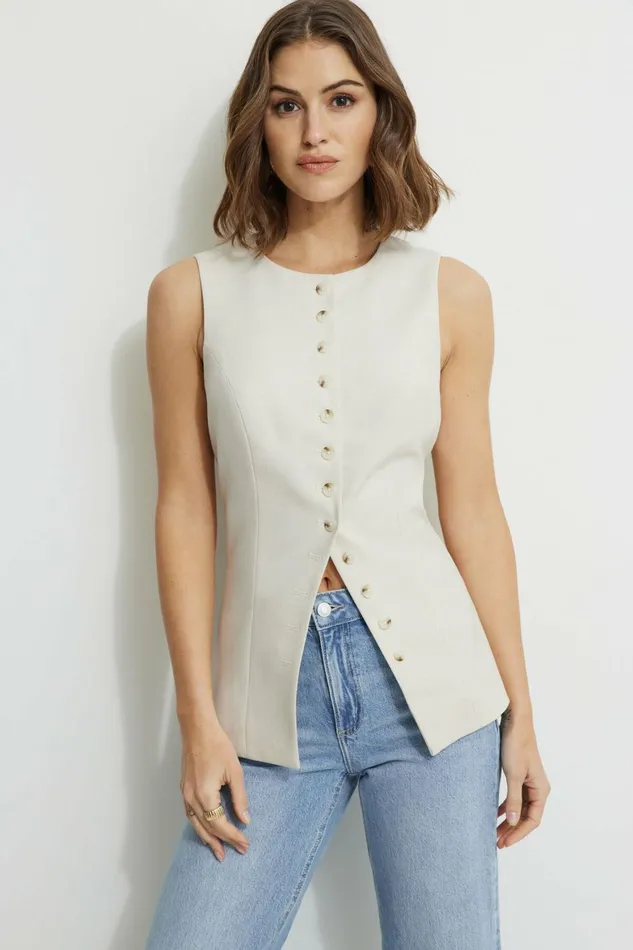 Women Dynamite Blazers and Vests Round Neck Flyaway Vest Beige