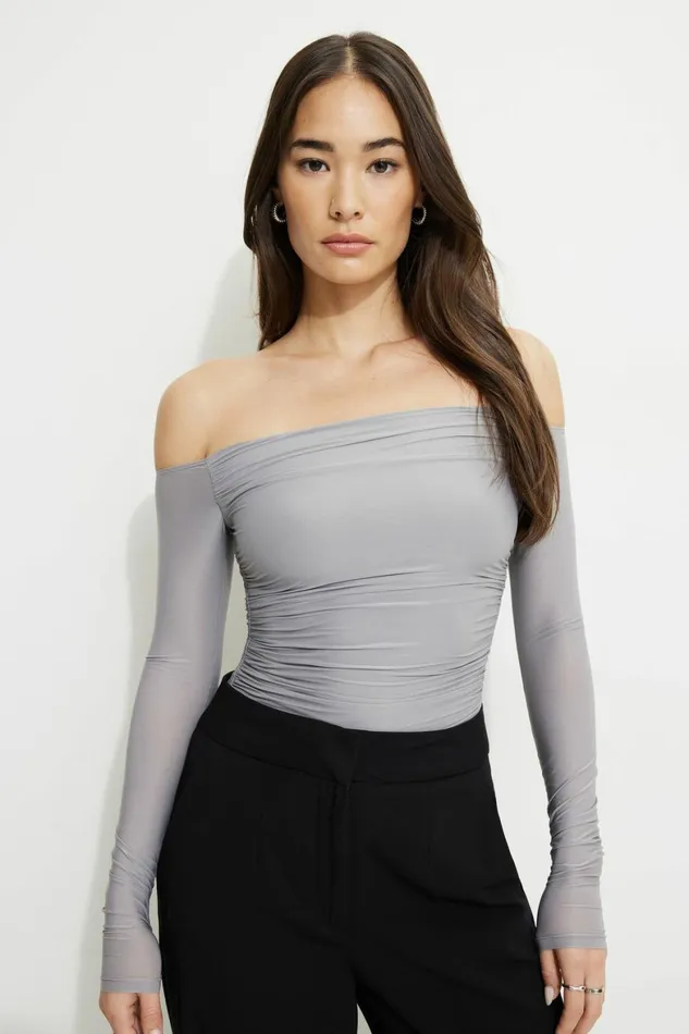 Women Dynamite Bodysuits Ruched Off Shoulder Jersey Bodysuit Gray
