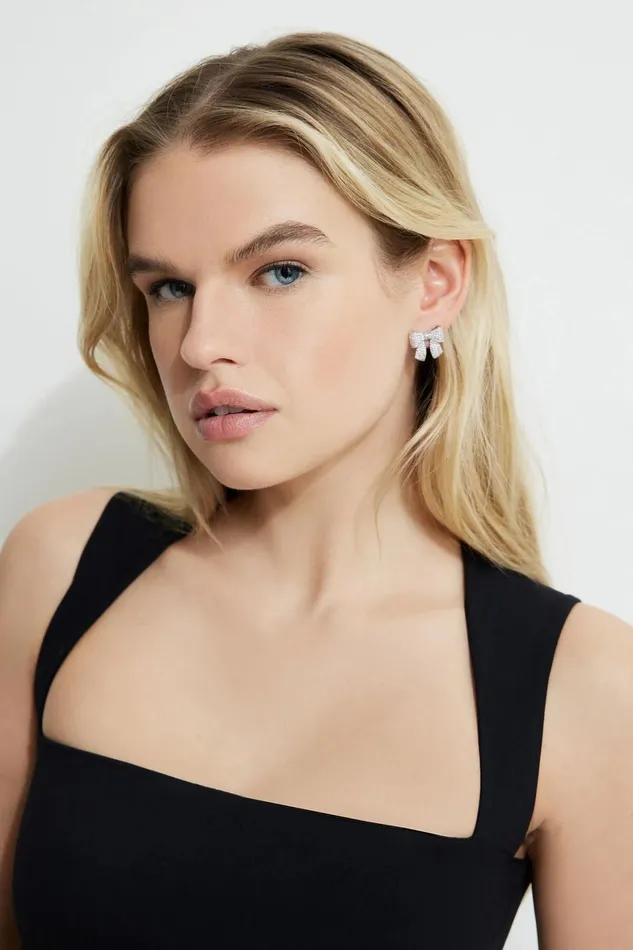 Women Dynamite Earrings Micropav Gem Bow Studs Gray