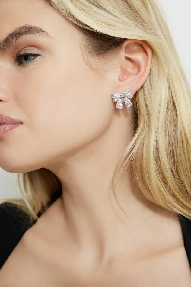 Women Dynamite Earrings Micropav Gem Bow Studs Gray