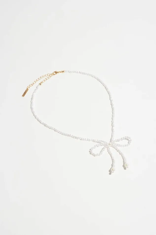 Women Dynamite Necklaces Beaded Pearl Bow Necklace White