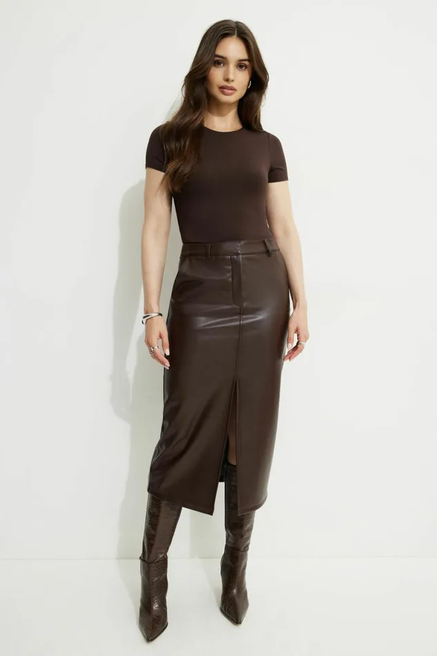 Women Dynamite Skirts and Skorts Danbi Faux Leather Midi Skirt Brown