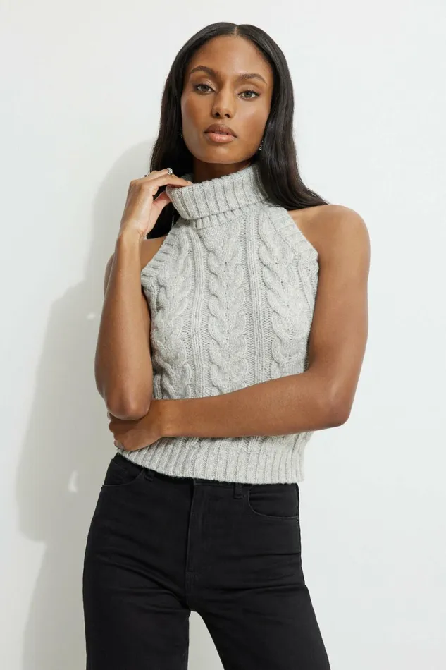 Women Dynamite Sweaters and Cardigans Cable Knit Halter Top Gray