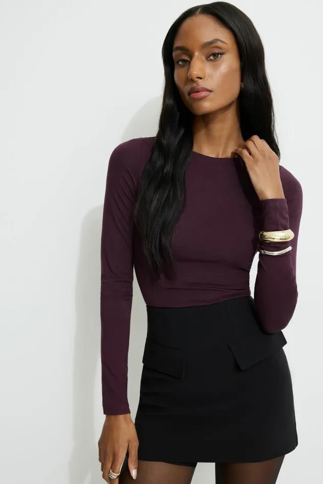Women Dynamite Tops Kyla Jersey Long Sleeve TShirt Burgundy