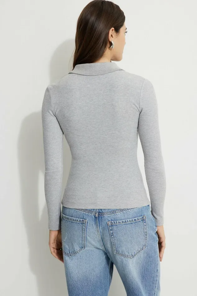 Women Dynamite Tops Ribbed Long Sleeve Polo Gray
