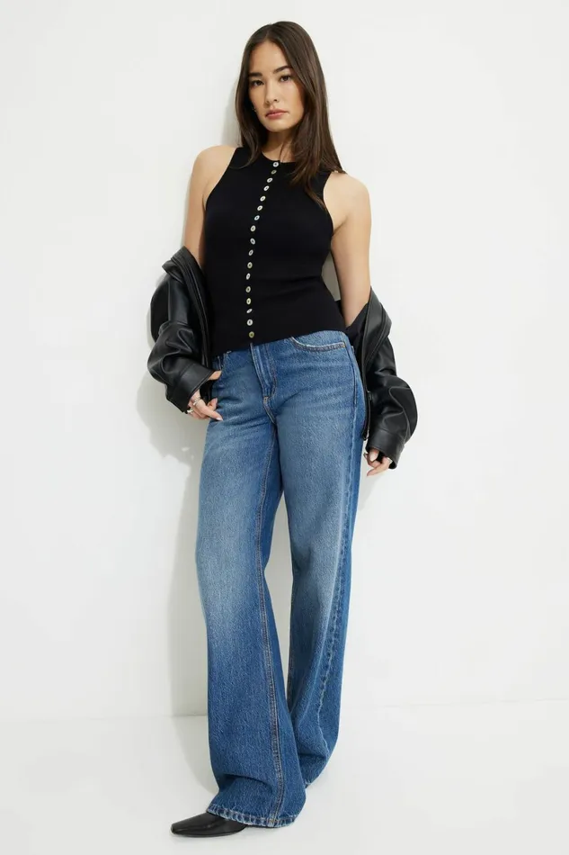Women Dynamite Tops Ribbed Pearl Button Vest Black
