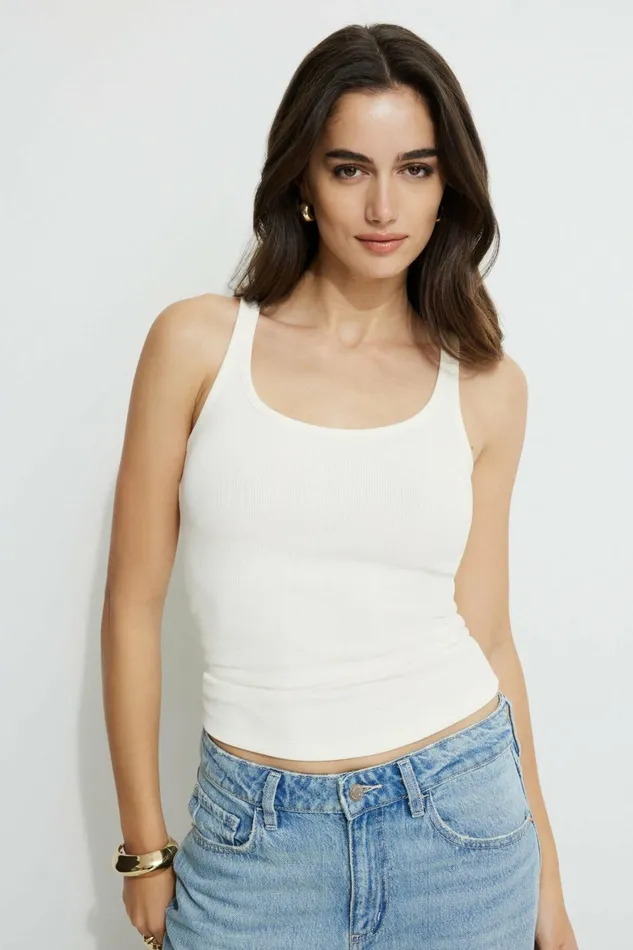 Women Dynamite Tops Ribbed Scoop Neck Tank Top Beige