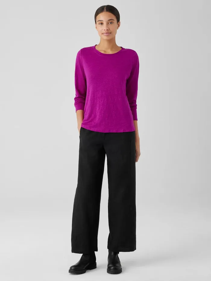 Women Eileen Fisher Jackets Coats and Vests Organic Linen Jersey Crew Neck Top Black