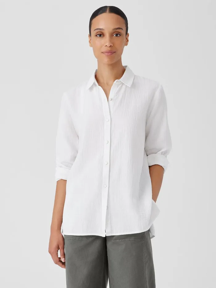 Women Eileen Fisher Tops and Tees Organic Cotton Ripple Classic Collar Shirt White Women Eileen Fisher Tops and Tees Organic Cotton Ripple Classic Collar Shirt White