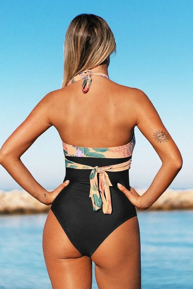 Women Halter and Lace Up Swimsuits Cupshe Melissa Floral Halter Back Tie One Piece Swimsuit Multicolor