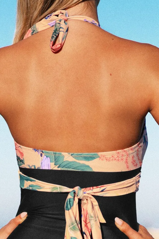 Women Halter and Lace Up Swimsuits Cupshe Melissa Floral Halter Back Tie One Piece Swimsuit Multicolor