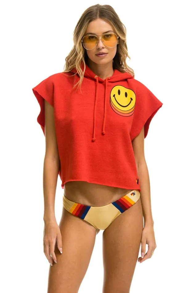 Women Hoodies Aviator Nation Smiley Sunset Sleeveless Relaxed Cropped Pullover Hoodie 8211 Red