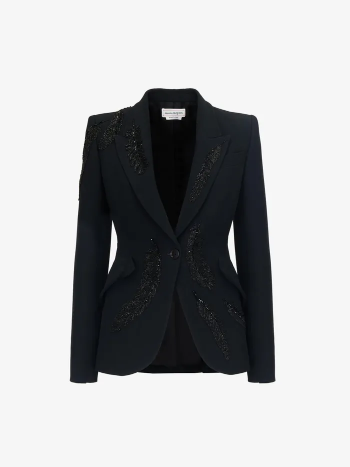 Women Jackets Alexander McQueen Feather Embroidery Peak Shoulder Jacket Black Women Jackets Alexander McQueen Feather Embroidery Peak Shoulder Jacket Black