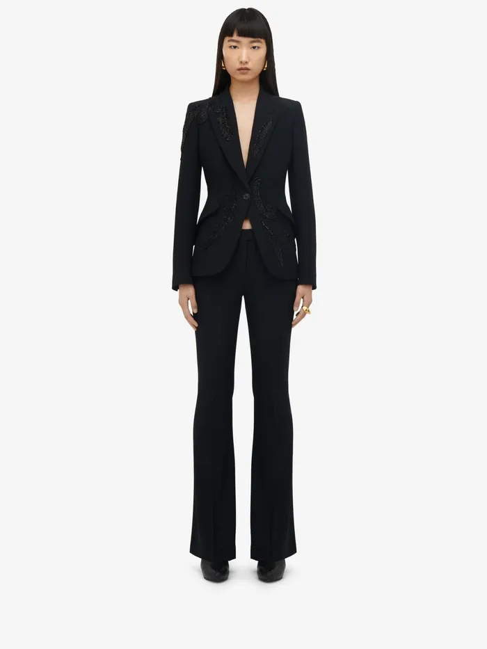 Women Jackets Alexander McQueen Feather Embroidery Peak Shoulder Jacket Black
