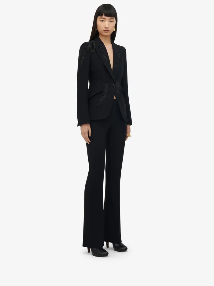Women Jackets Alexander McQueen Feather Embroidery Peak Shoulder Jacket Black
