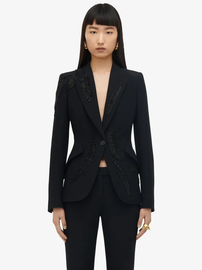 Women Jackets Alexander McQueen Feather Embroidery Peak Shoulder Jacket Black