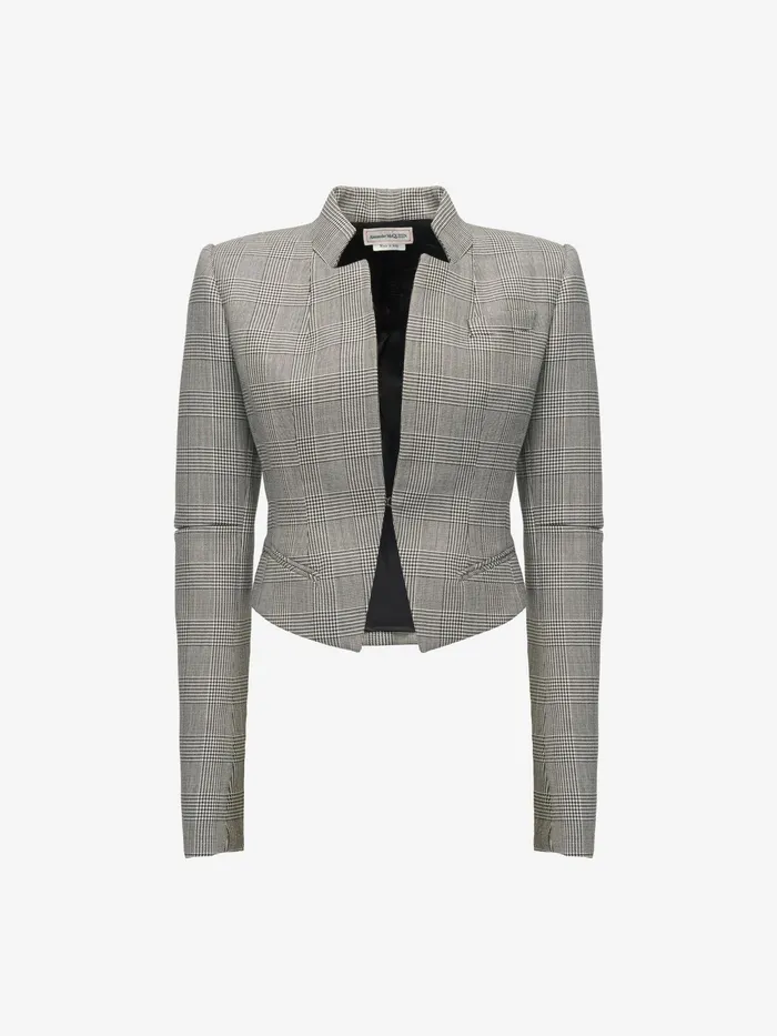 Women Jackets Alexander McQueen Prince Of Wales Slashed Fitted Jacket Blackivory Women Jackets Alexander McQueen Prince Of Wales Slashed Fitted Jacket Blackivory