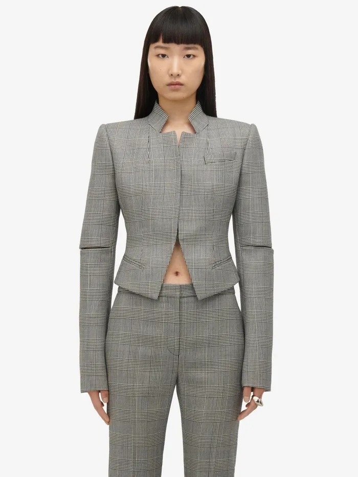 Women Jackets Alexander McQueen Prince Of Wales Slashed Fitted Jacket Blackivory