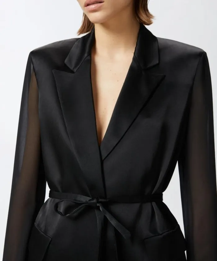 Women Jackets Pinko Shiny Blazer With Transparent Sleeves Limo Black Women Jackets Pinko Shiny Blazer With Transparent Sleeves Limo Black