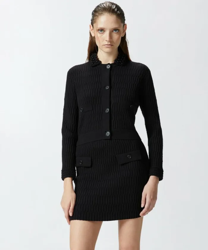 Women Jackets Pinko Short Knit Jacket With Beaded Crocheted Collar Limo Black Women Jackets Pinko Short Knit Jacket With Beaded Crocheted Collar Limo Black