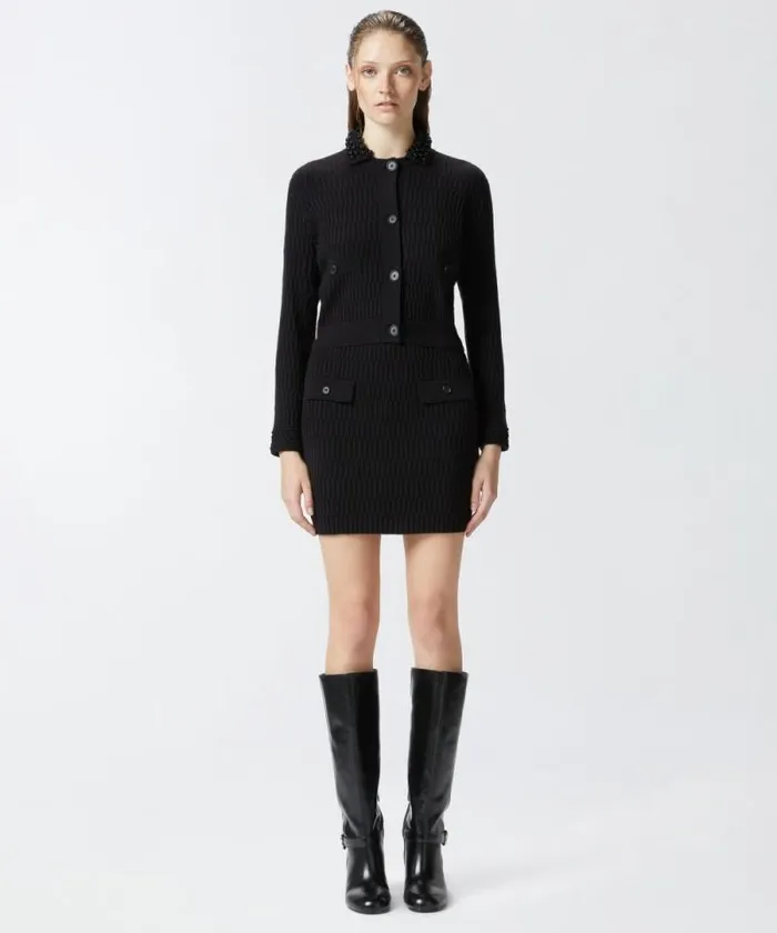 Women Jackets Pinko Short Knit Jacket With Beaded Crocheted Collar Limo Black Women Jackets Pinko Short Knit Jacket With Beaded Crocheted Collar Limo Black