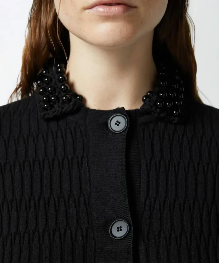 Women Jackets Pinko Short Knit Jacket With Beaded Crocheted Collar Limo Black Women Jackets Pinko Short Knit Jacket With Beaded Crocheted Collar Limo Black