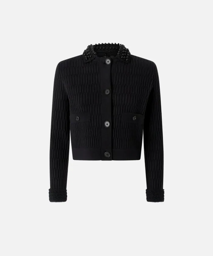 Women Jackets Pinko Short Knit Jacket With Beaded Crocheted Collar Limo Black Women Jackets Pinko Short Knit Jacket With Beaded Crocheted Collar Limo Black