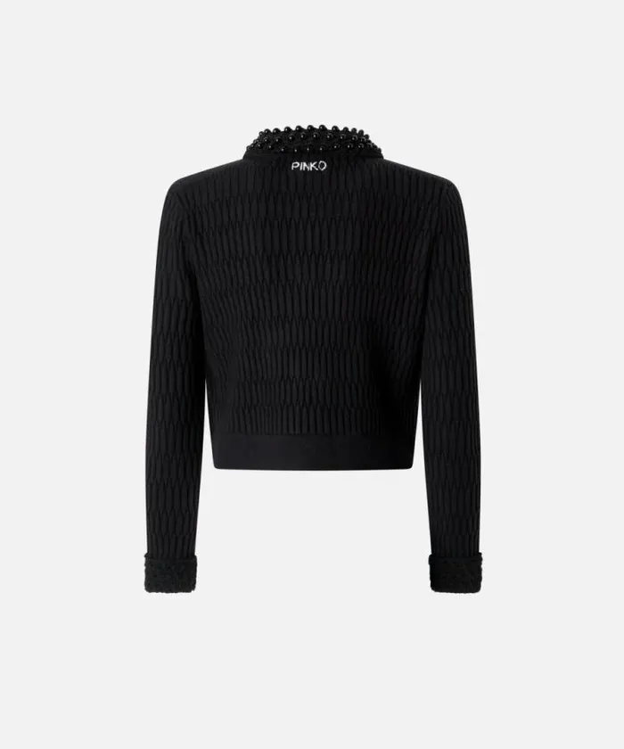 Women Jackets Pinko Short Knit Jacket With Beaded Crocheted Collar Limo Black Women Jackets Pinko Short Knit Jacket With Beaded Crocheted Collar Limo Black