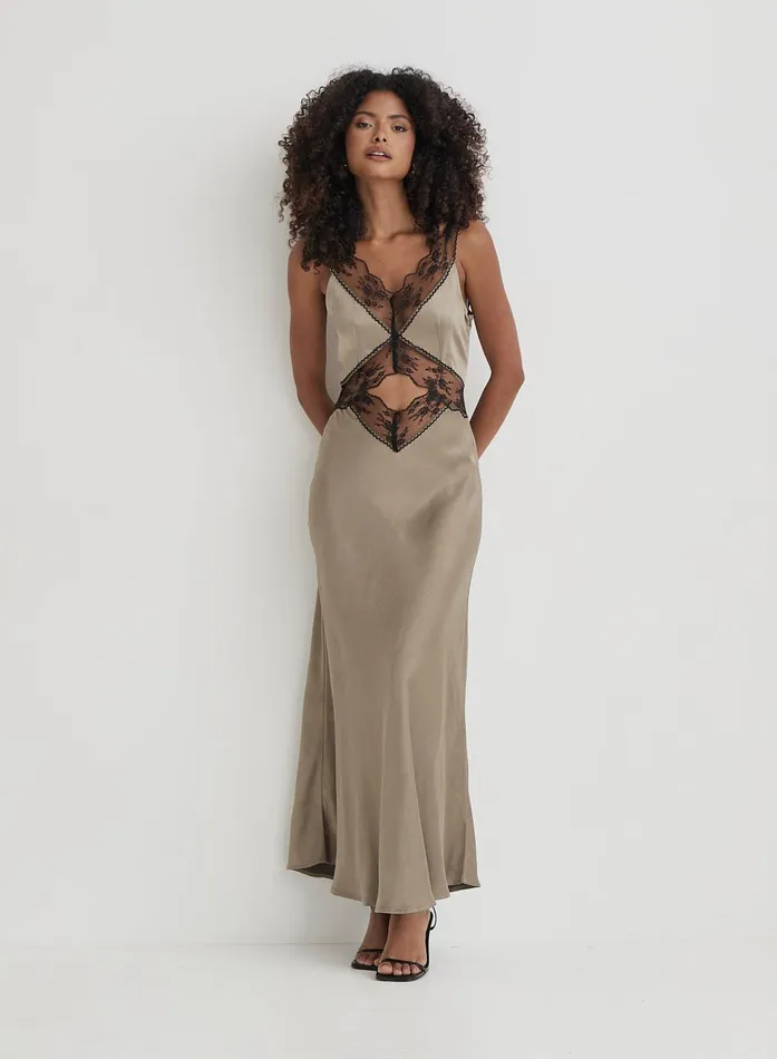 Women Khaki Satin Lace Slip Dress Kelsey 4th and Reckless Dresses