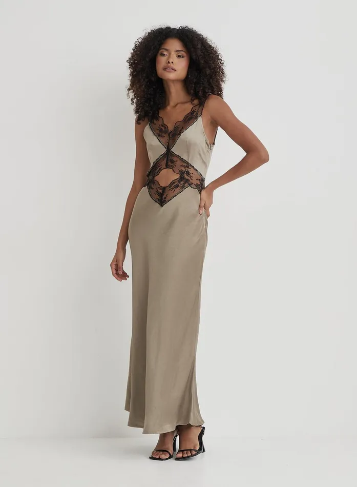 Women Khaki Satin Lace Slip Dress Kelsey 4th and Reckless Dresses