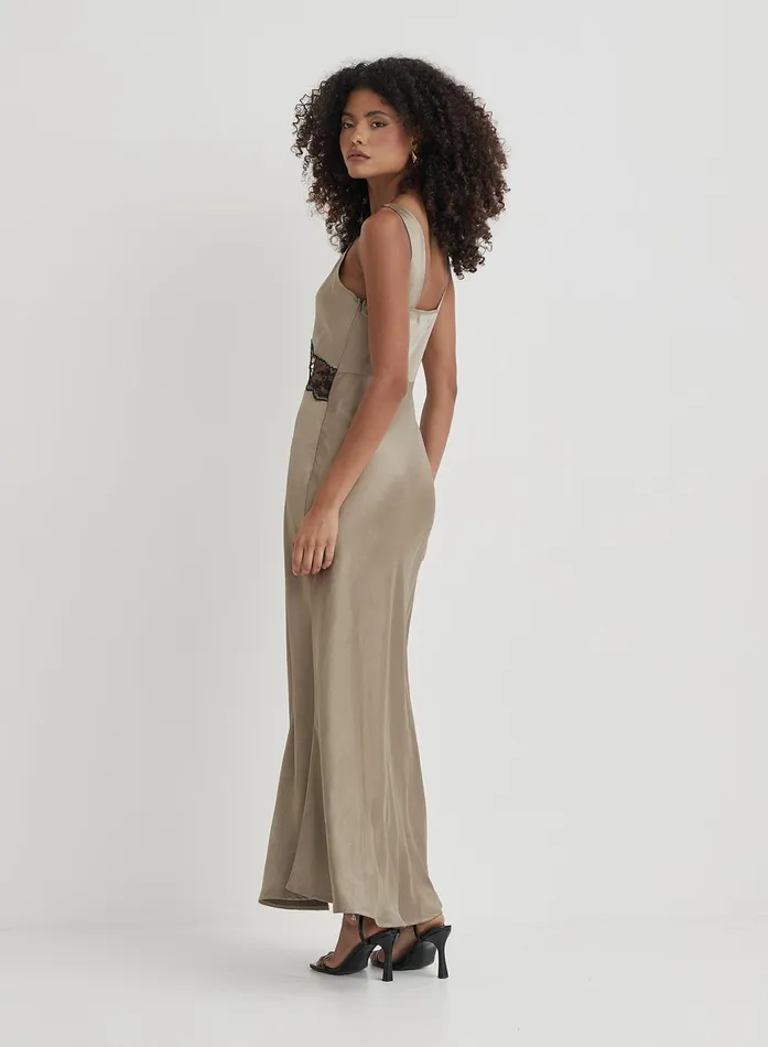 Women Khaki Satin Lace Slip Dress Kelsey 4th and Reckless Dresses