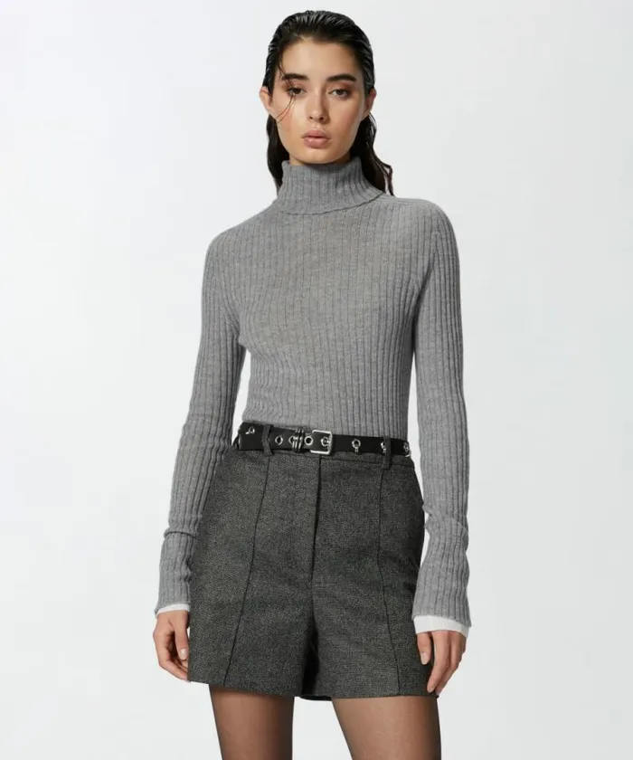 Women Knitwear Pinko Highneck Ribbed Cashmereblend Sweater With Lurex Cuffs Greywhite Women Knitwear Pinko Highneck Ribbed Cashmereblend Sweater With Lurex Cuffs Greywhite