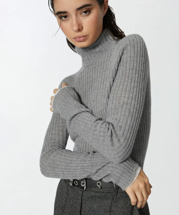Women Knitwear Pinko Highneck Ribbed Cashmereblend Sweater With Lurex Cuffs Greywhite Women Knitwear Pinko Highneck Ribbed Cashmereblend Sweater With Lurex Cuffs Greywhite