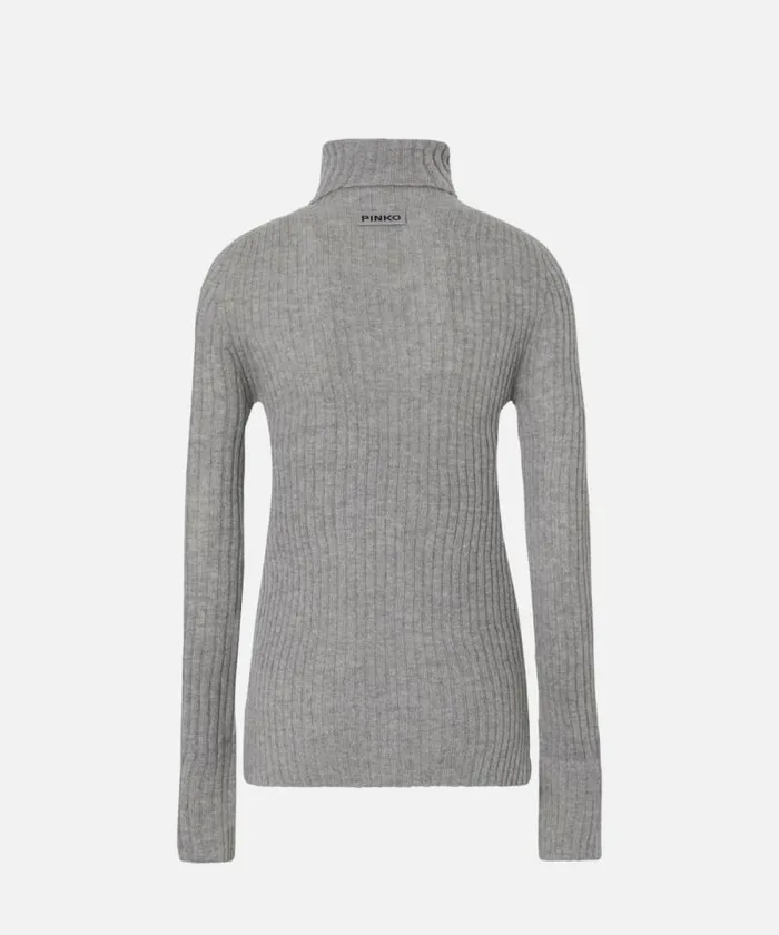 Women Knitwear Pinko Highneck Ribbed Cashmereblend Sweater With Lurex Cuffs Greywhite Women Knitwear Pinko Highneck Ribbed Cashmereblend Sweater With Lurex Cuffs Greywhite