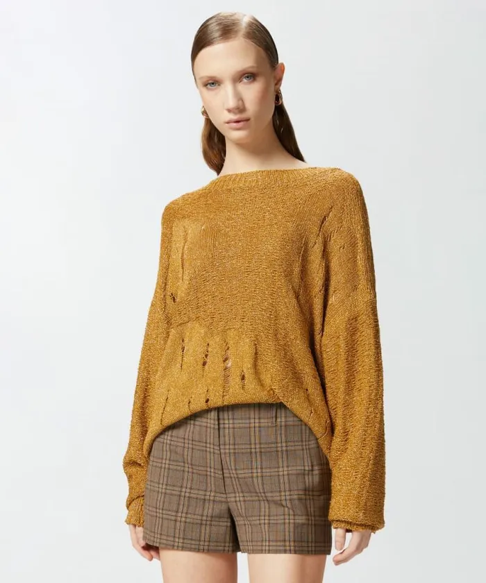 Women Knitwear Pinko Long Metallic Jacquard Sweater With Tears Mustardpale Gold Women Knitwear Pinko Long Metallic Jacquard Sweater With Tears Mustardpale Gold