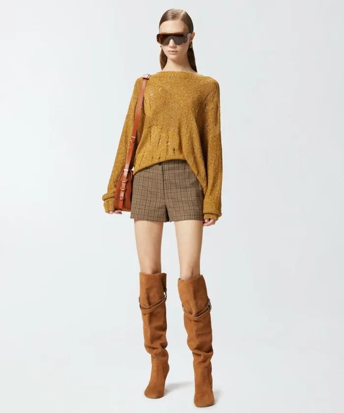 Women Knitwear Pinko Long Metallic Jacquard Sweater With Tears Mustardpale Gold Women Knitwear Pinko Long Metallic Jacquard Sweater With Tears Mustardpale Gold