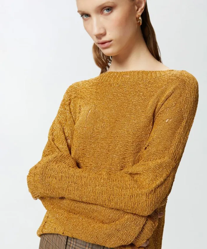 Women Knitwear Pinko Long Metallic Jacquard Sweater With Tears Mustardpale Gold Women Knitwear Pinko Long Metallic Jacquard Sweater With Tears Mustardpale Gold