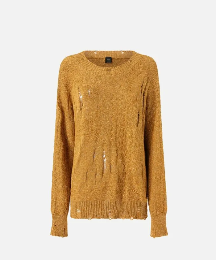 Women Knitwear Pinko Long Metallic Jacquard Sweater With Tears Mustardpale Gold Women Knitwear Pinko Long Metallic Jacquard Sweater With Tears Mustardpale Gold