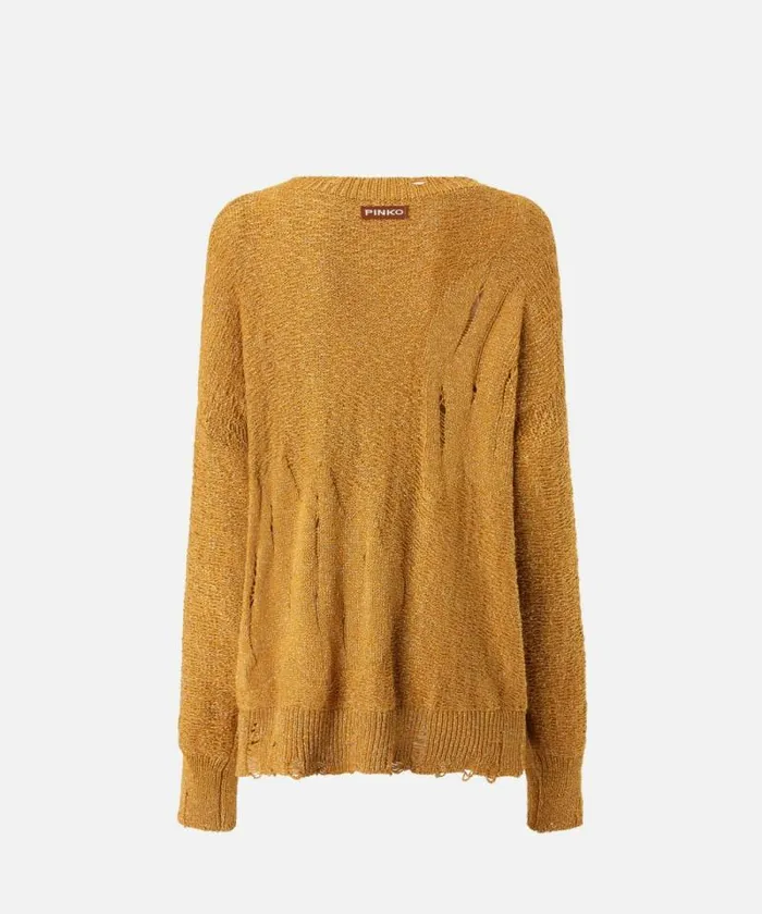 Women Knitwear Pinko Long Metallic Jacquard Sweater With Tears Mustardpale Gold Women Knitwear Pinko Long Metallic Jacquard Sweater With Tears Mustardpale Gold