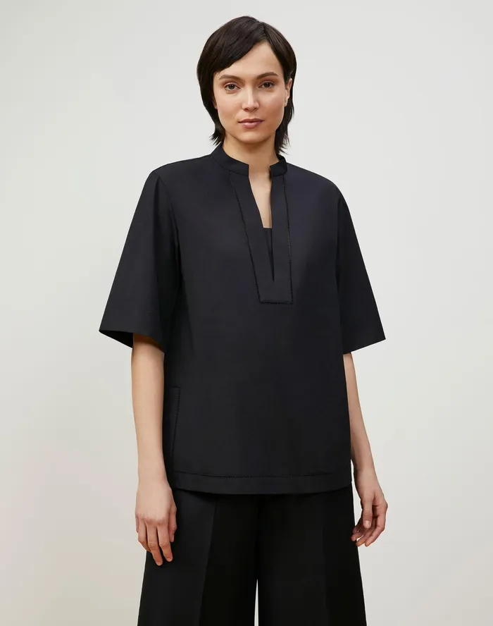 Women Lafayette 148 New York Blouses and Shirts Etta Shirt In Italian Sculpted Kindcotton Black