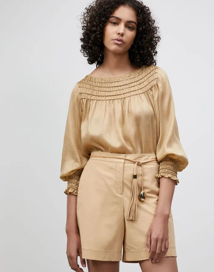 Women Lafayette 148 New York Blouses and Shirts Paley Blouse In Gemma Cloth Honeynut Women Lafayette 148 New York Blouses and Shirts Paley Blouse In Gemma Cloth Honeynut