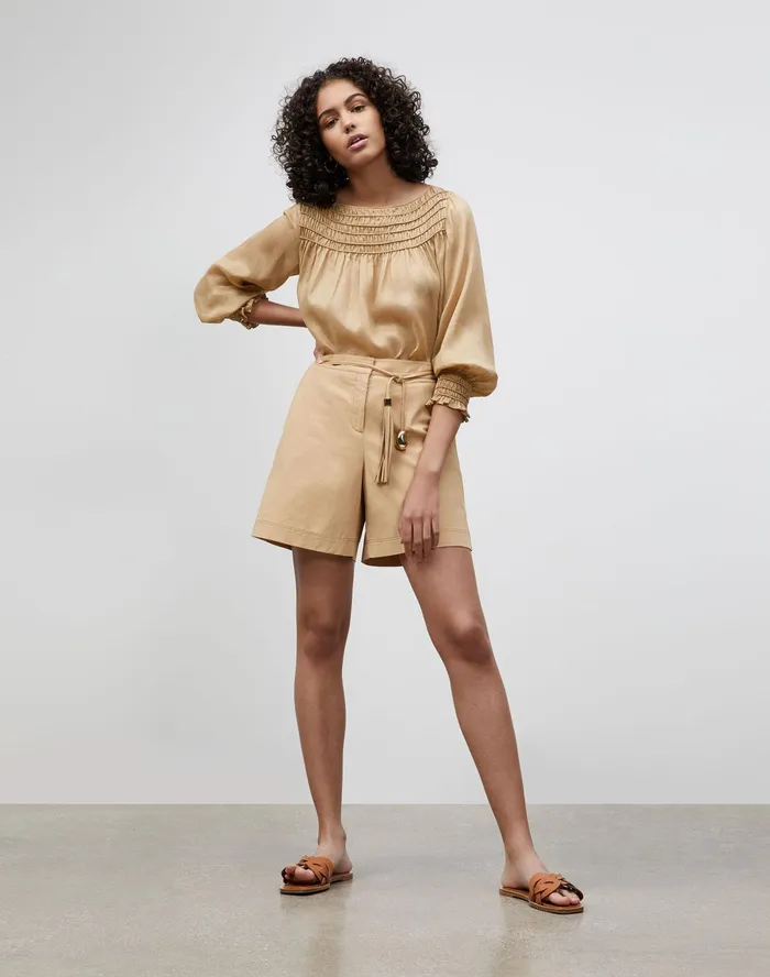 Women Lafayette 148 New York Blouses and Shirts Paley Blouse In Gemma Cloth Honeynut