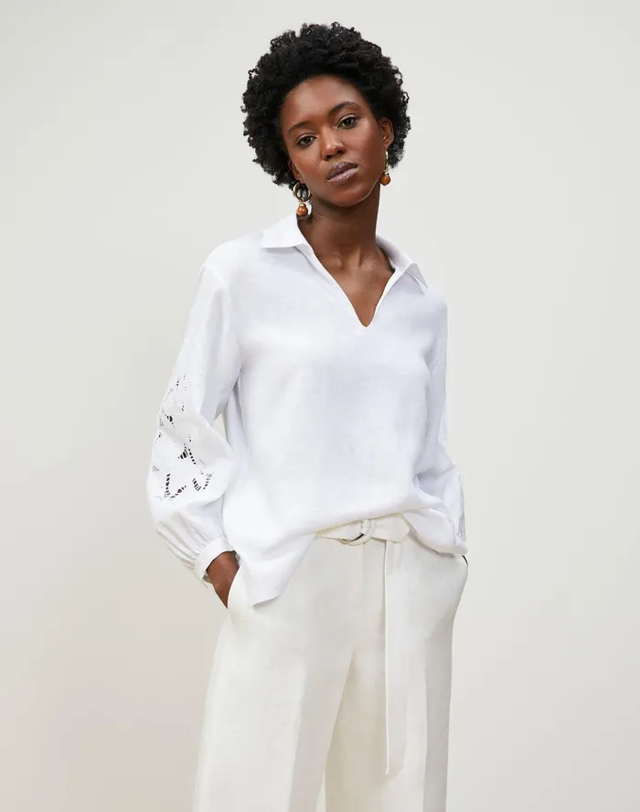 Women Lafayette 148 New York Blouses and Shirts Parker Blouse In Embroidered Summer Linen White Women Lafayette 148 New York Blouses and Shirts Parker Blouse In Embroidered Summer Linen White