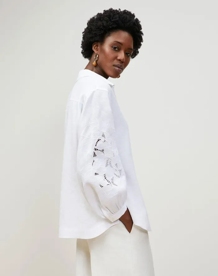 Women Lafayette 148 New York Blouses and Shirts Parker Blouse In Embroidered Summer Linen White