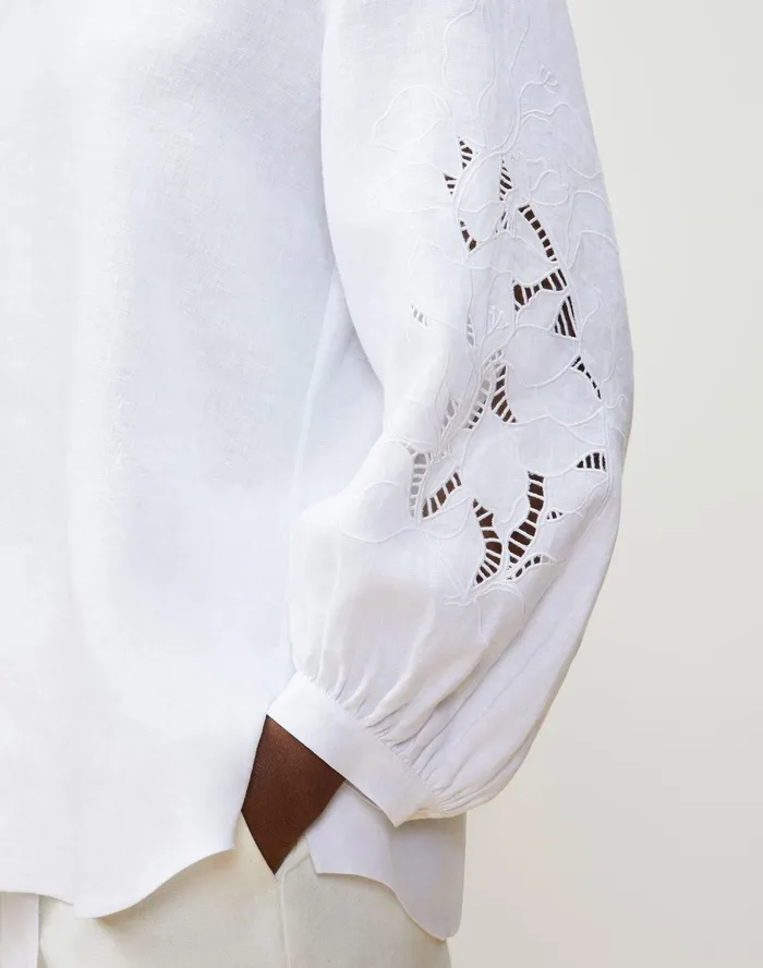 Women Lafayette 148 New York Blouses and Shirts Parker Blouse In Embroidered Summer Linen White