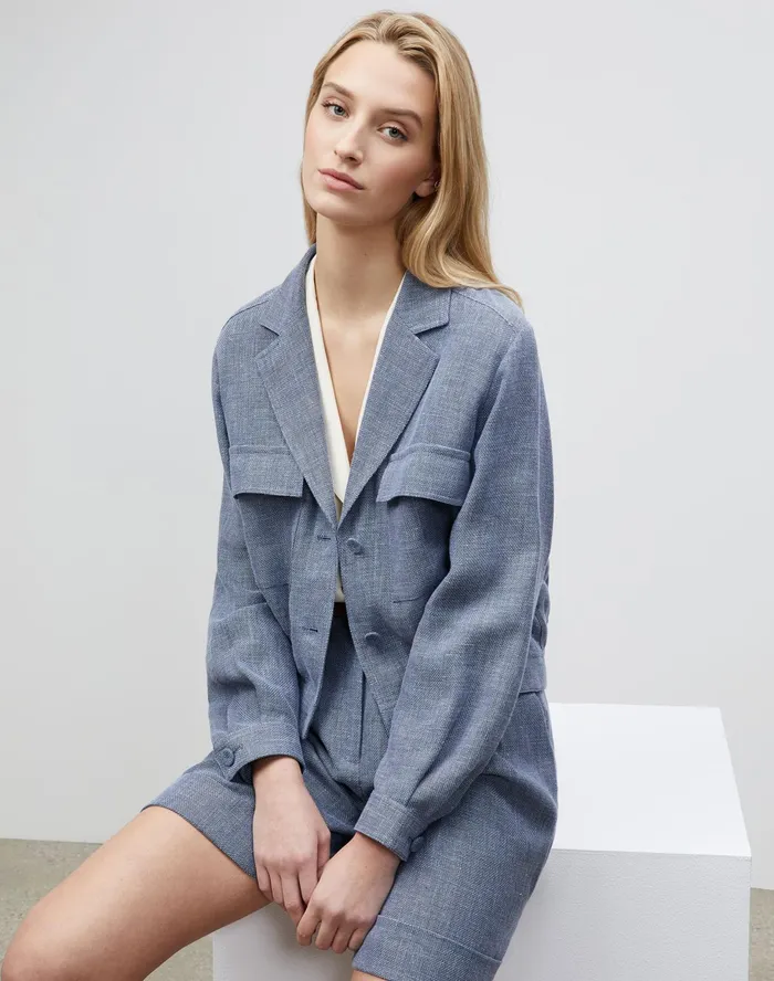 Women Lafayette 148 New York Jackets and Blazers Conall Bomber Jacket In Italian Isola Weave Bluestone Multi Women Lafayette 148 New York Jackets and Blazers Conall Bomber Jacket In Italian Isola Weave Bluestone Multi